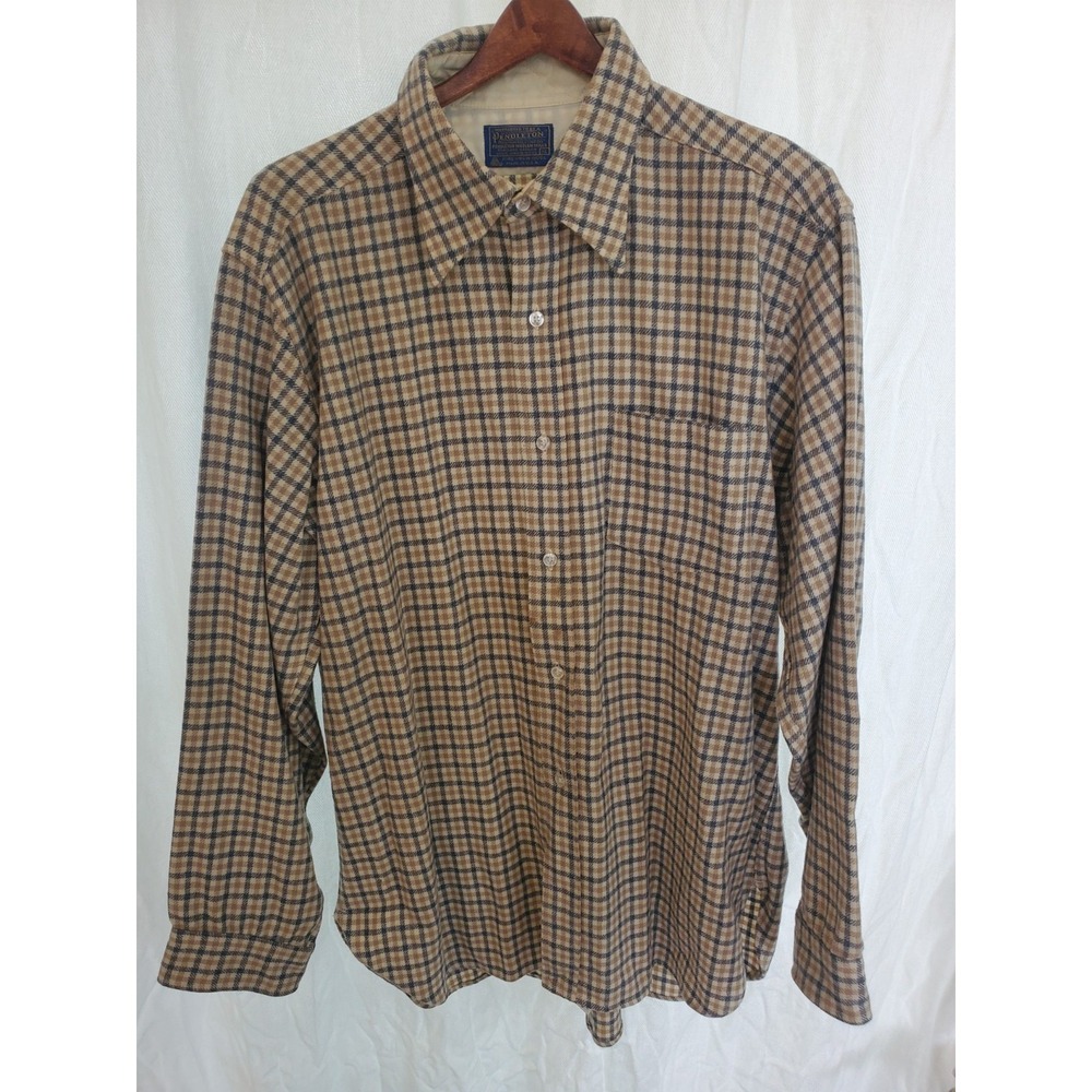 Pendleton Vintage Wool Plaid Flannel Shirt Mens‎ XL Tan Brown Blue Made in USA